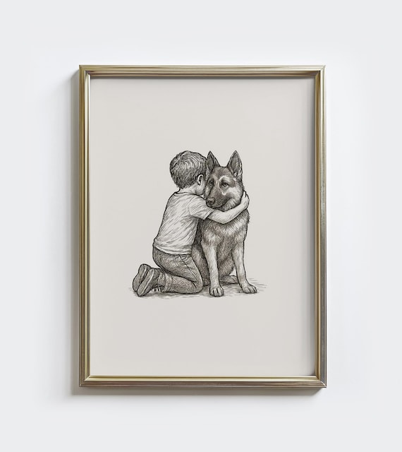 Boy Hugging German Shepherd Dog Tender Pen Sketch Art Poster
