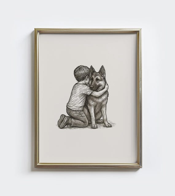 German Shepherd And Boy Vintage Sketch Print Dog Drawing Art Nursery Wall Decor