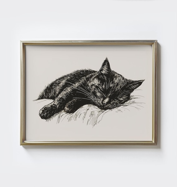 Cat Sleeping Sketch Print, Vintage Farmhouse