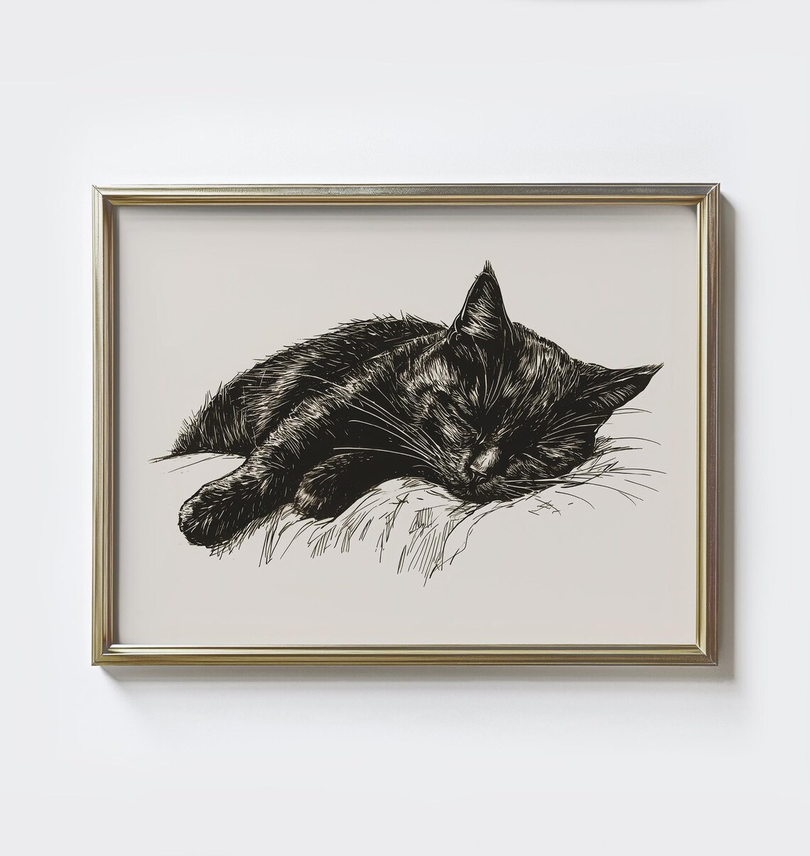 Cat Sleeping Sketch Print, Vintage Farmhouse