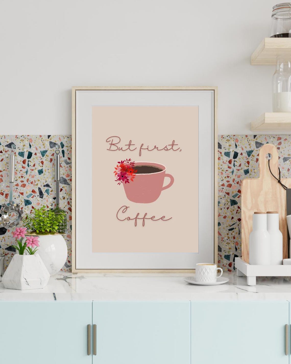 But First Coffee Pink Floral Coffee Cup Blush Kitchen Quote Poster - Image 3