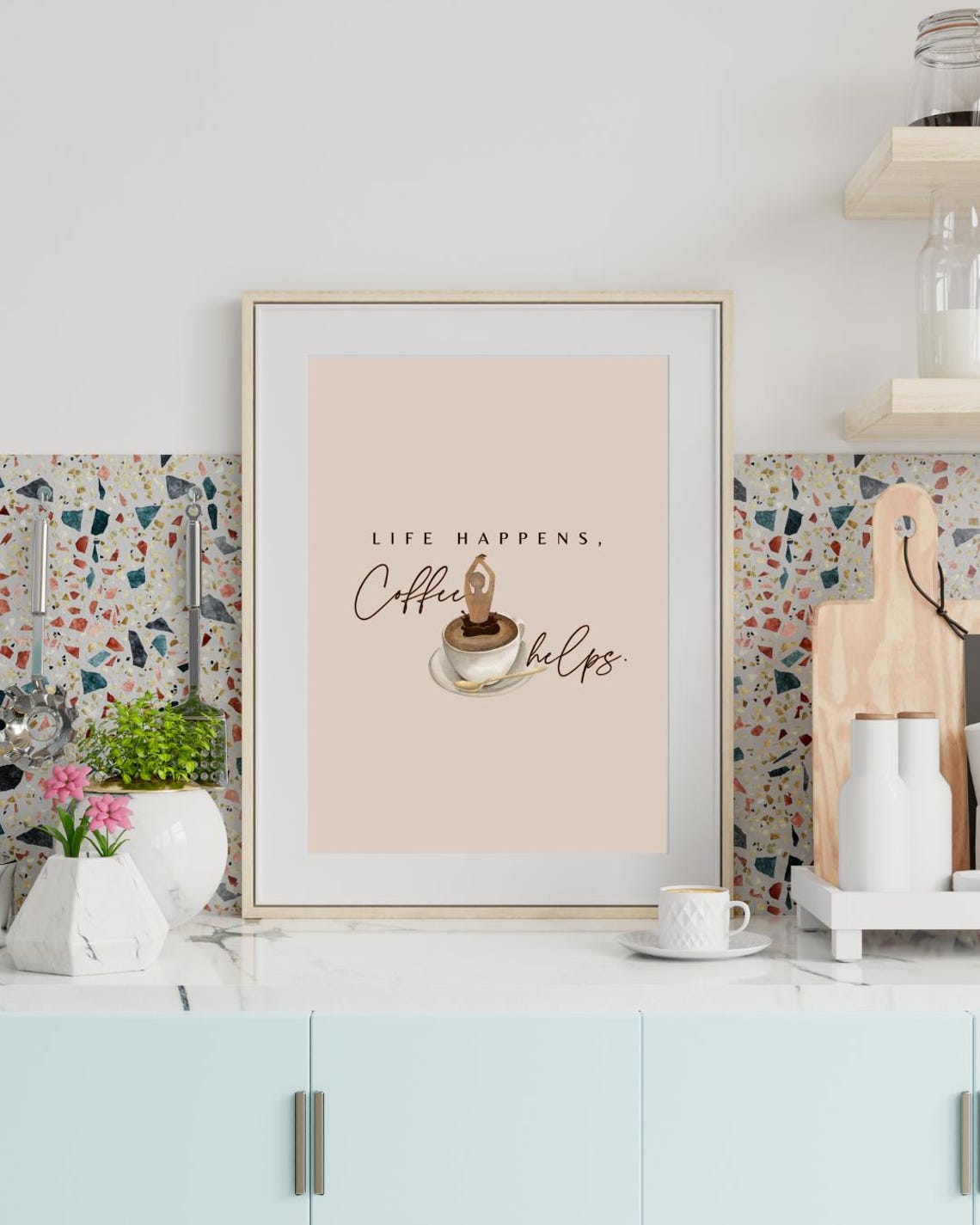 Life Happens Coffee Helps Beige Coffee Cup Typography Quote Poster - Image 3