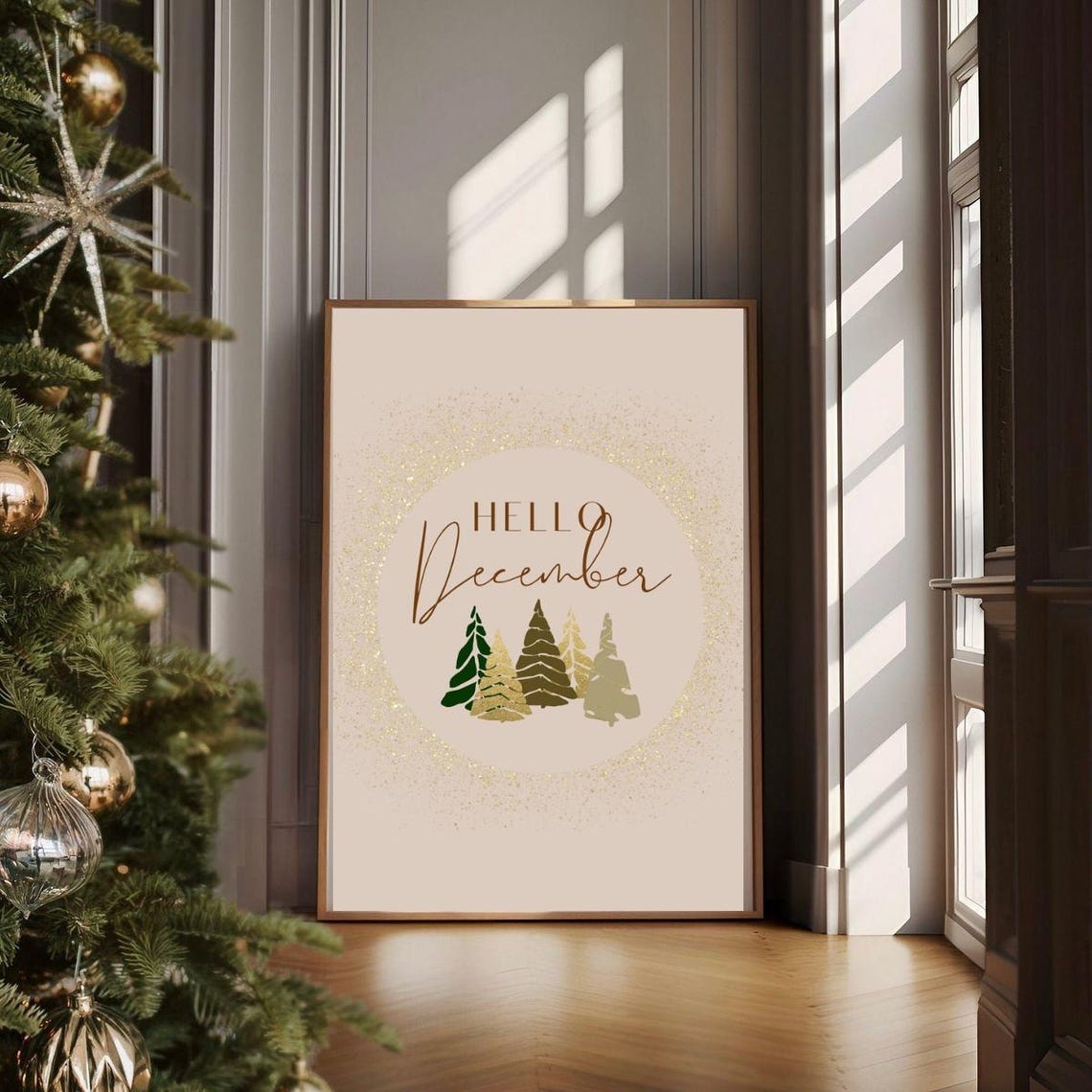 Hello December Gold Glitter Christmas Trees Blush Festive Poster - Image 2