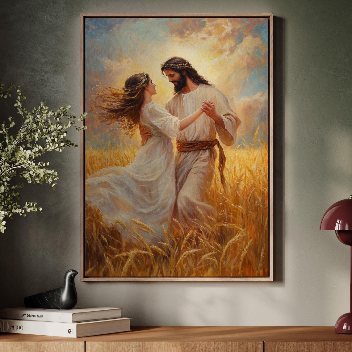 Jesus Dancing Joyfully With a Woman in a Sunlit Wheat Field Poster