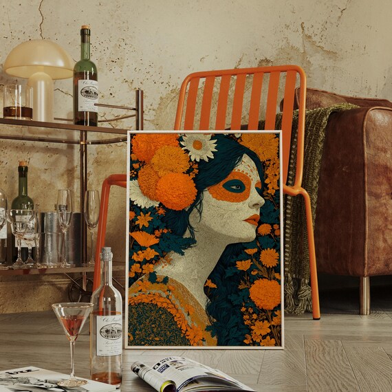 Day of the Dead Woman in Marigolds Art Nouveau Portrait Poster