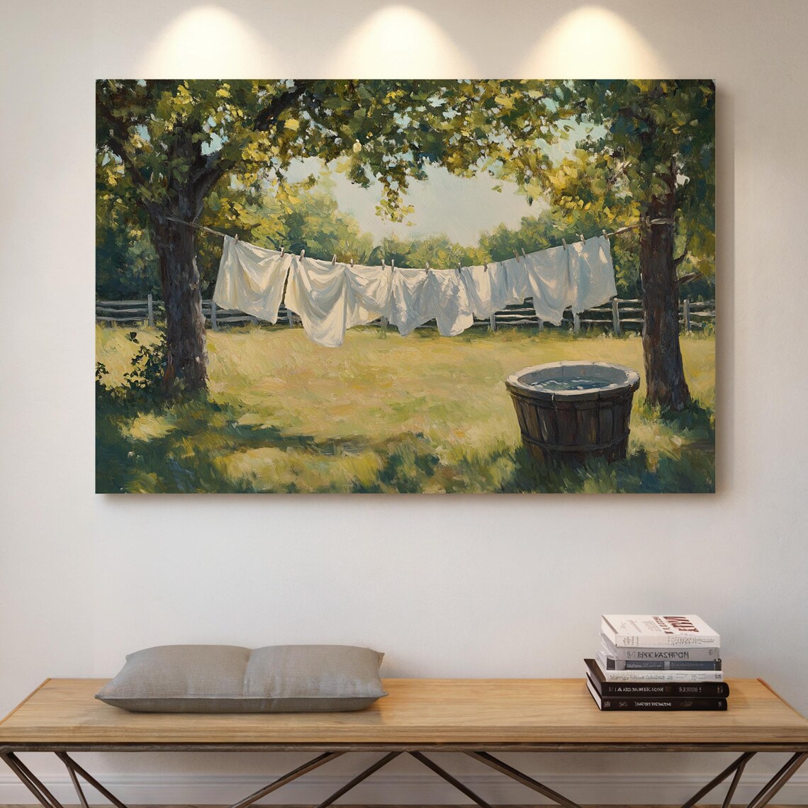 Country Clothesline Vintage Oil Painting, Art Print