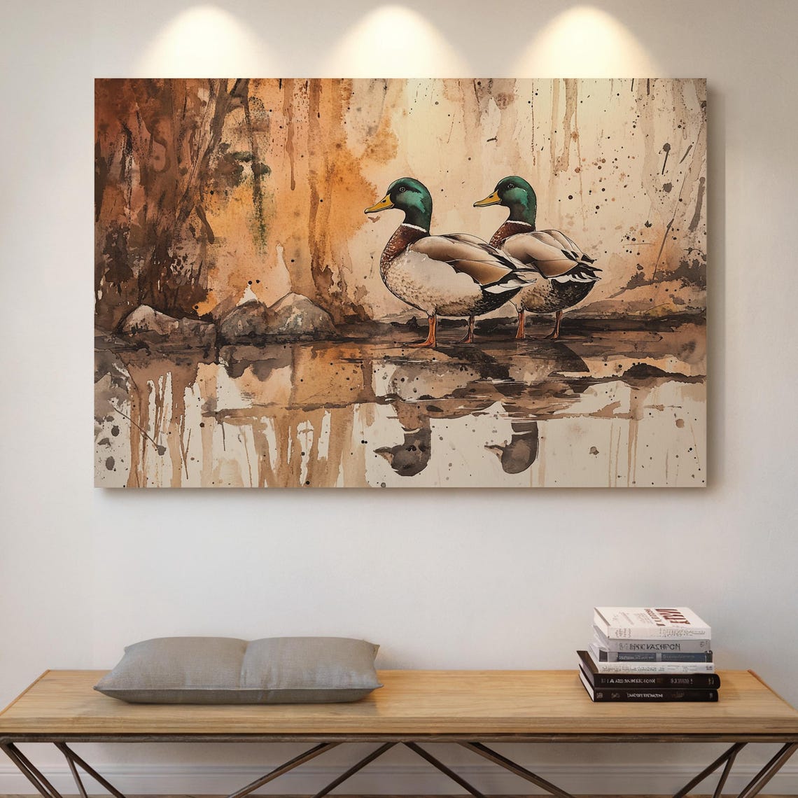 Two Mallard Ducks By Autumn Water Rustic Watercolor Wildlife Poster