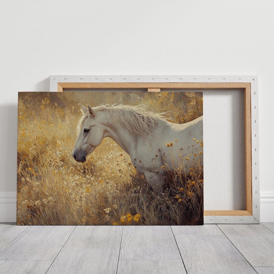 White Horse Golden Wildflower Meadow Equestrian Rustic Art Poster