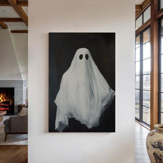 Minimalist White Sheet Ghost on Black Background Spooky Halloween Poster