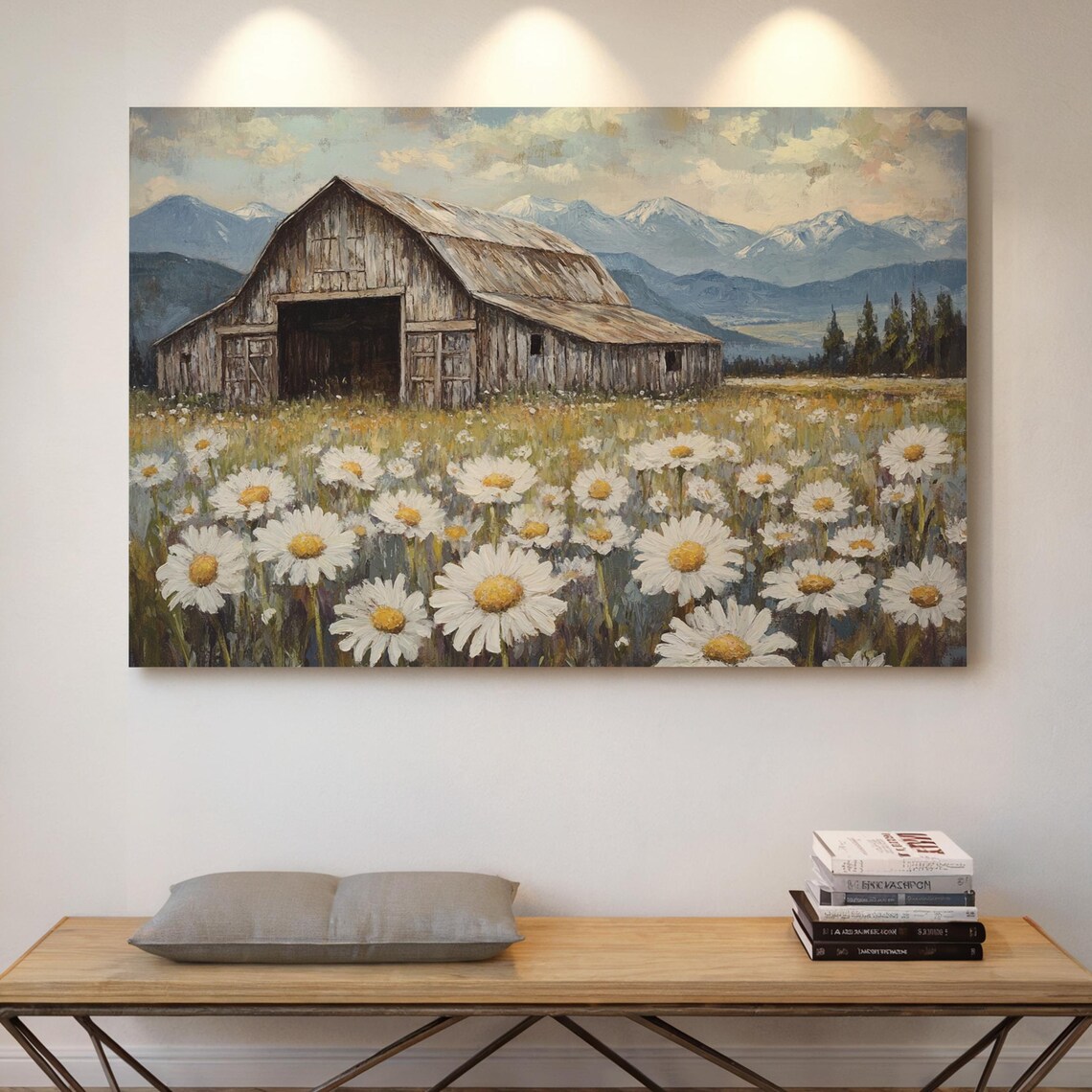 Rustic Barn With Daisies, Farmhouse Landscape Art Print