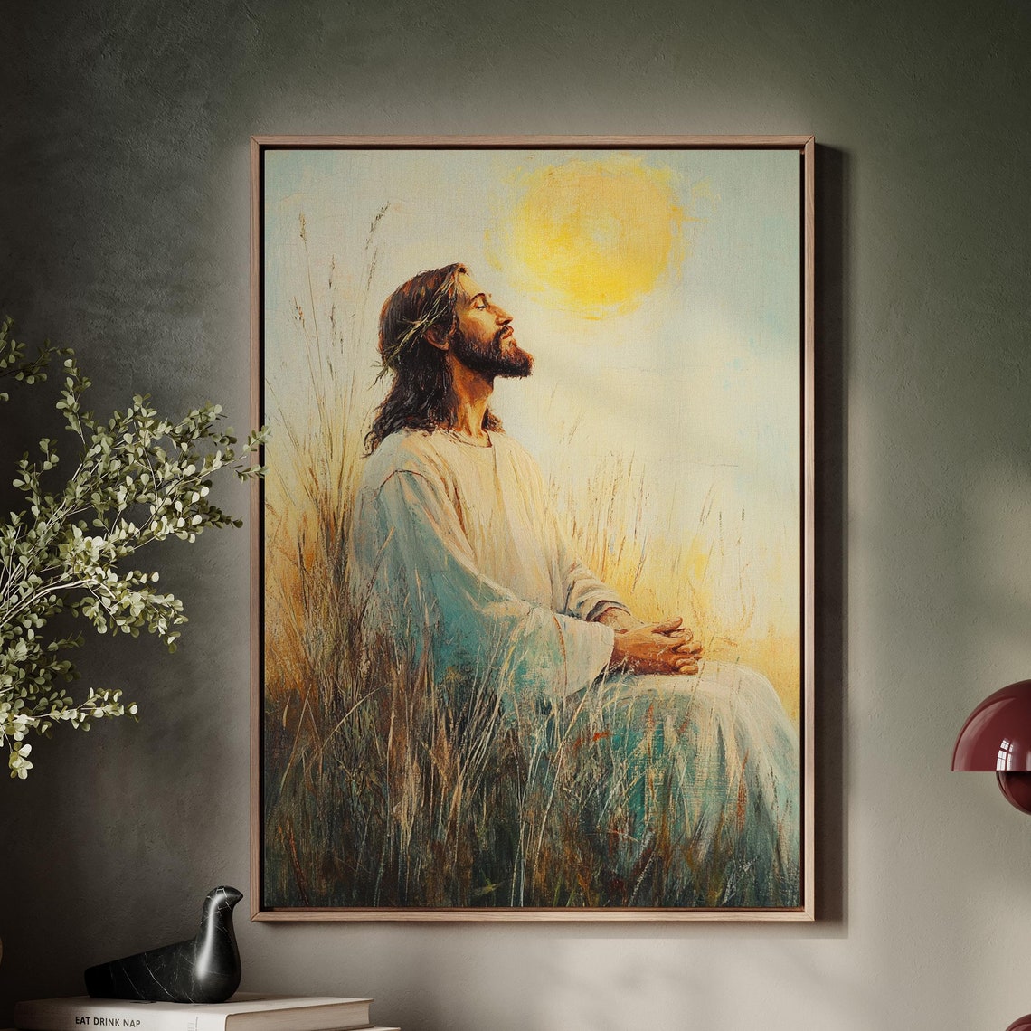 Jesus Praying in Tall Grass Gazing Up at the Morning Sun Poster