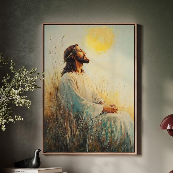 Jesus Praying in Tall Grass Gazing Up at the Morning Sun Poster
