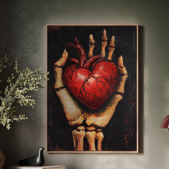 Skeleton Hand Red Anatomical Heart Dark Gothic Oil Painting Art Poster