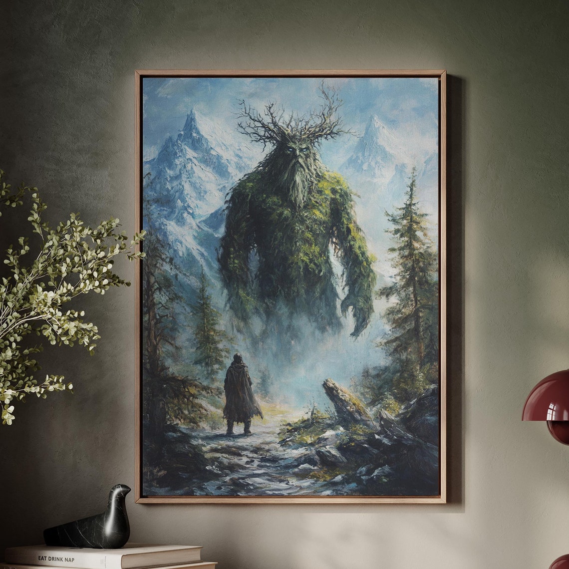 Forest Guardian Green Giant Snowy Mountains Fantasy Art Poster