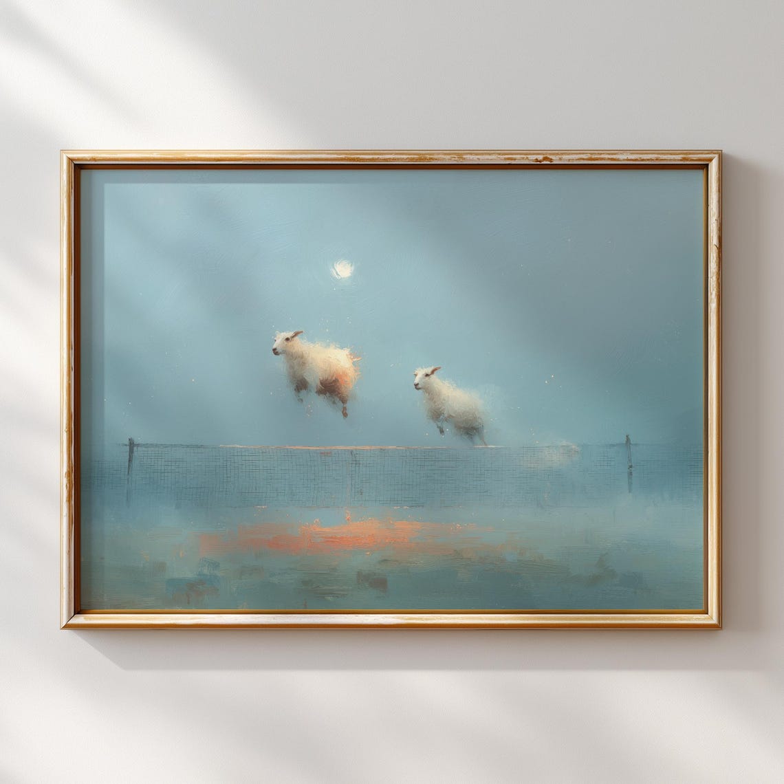 Jumping Sheep Moonlit Night Fence Dreamy Whimsical Art Poster