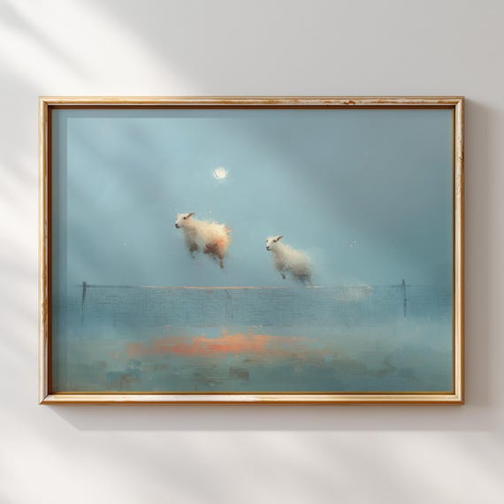 Jumping Sheep Wall Art Print Dreamy Night Painting Whimsical Sleep Decor Cute Farm Animal Artwork Nursery Fantasy Poster