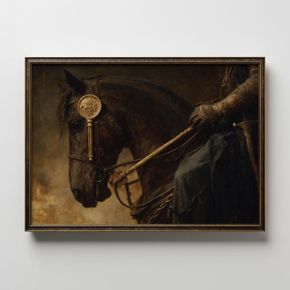 Knight Horse Wall Art Medieval Painting Dark Fantasy Print Equestrian Decor Warrior Artwork Rustic Noble Horseback Illustration