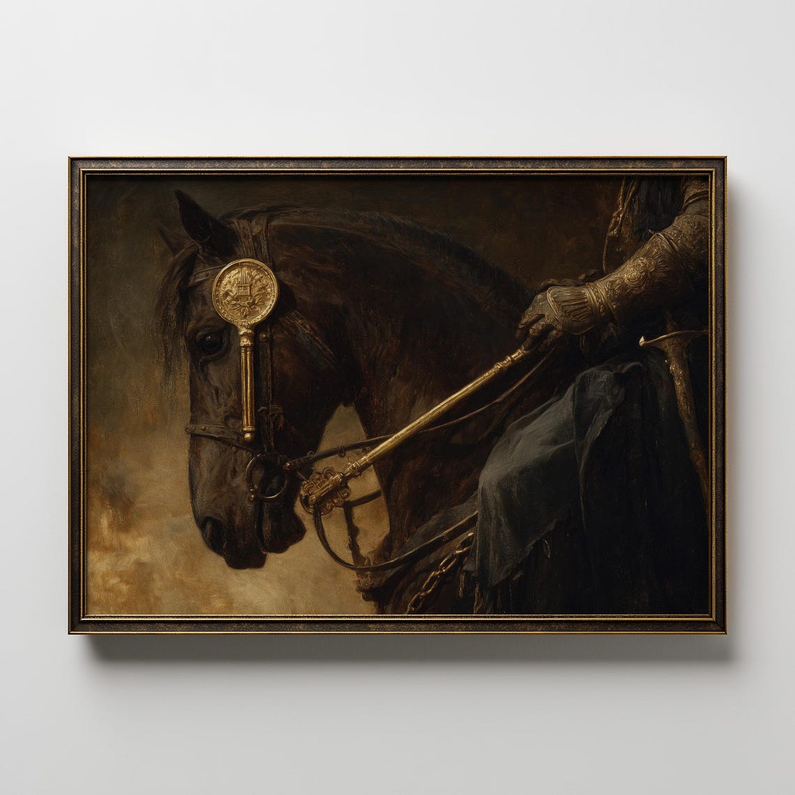 Medieval Knight Horse Gold Armor Dark Fantasy Equestrian Art Poster