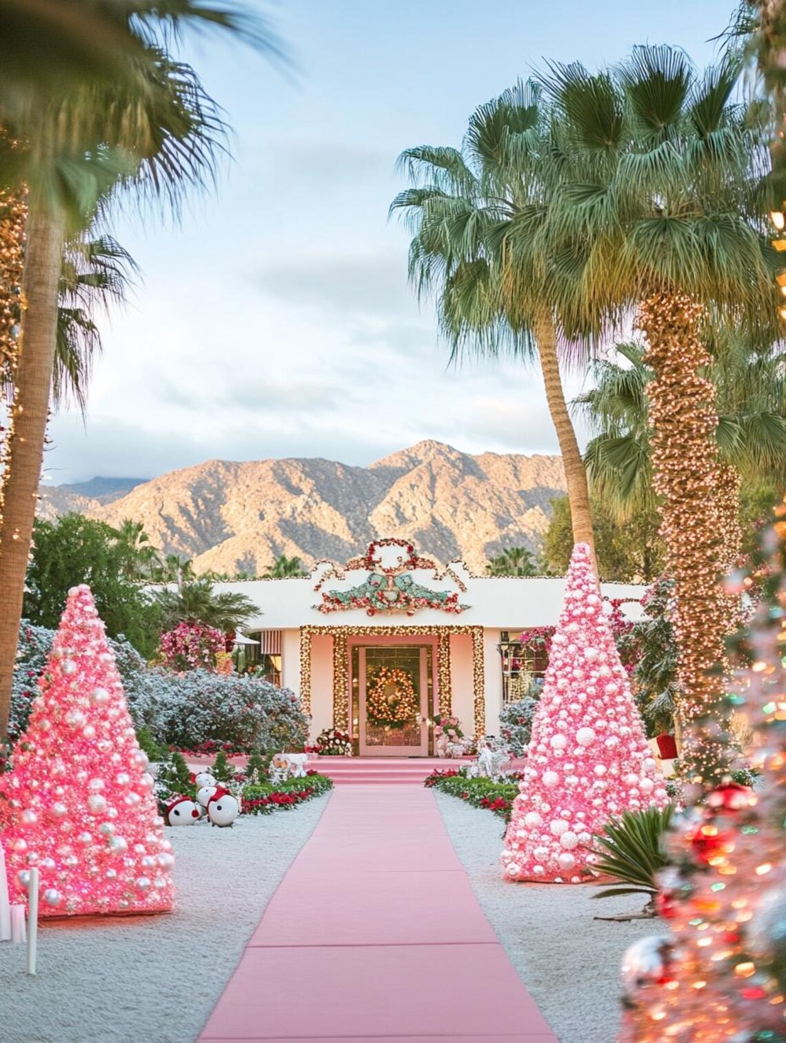 Pink Christmas Mansion Entrance With Palm Trees Holiday Photo Poster - Image 3