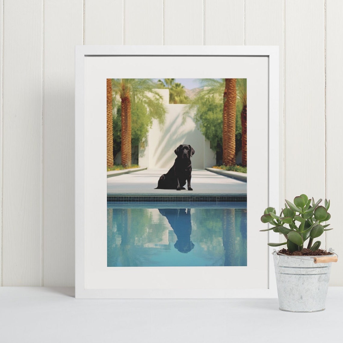 Black Labrador Poolside with Pool Reflection Retro Photo Poster