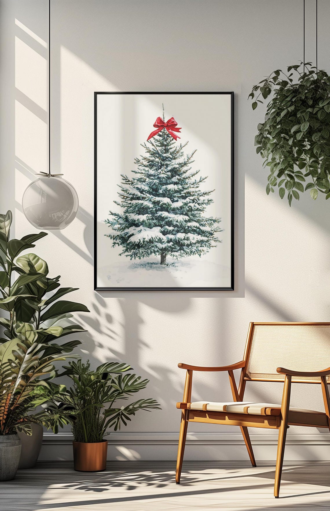 Snowy Christmas Tree With Red Bow Topper Watercolor Holiday Poster - Image 3