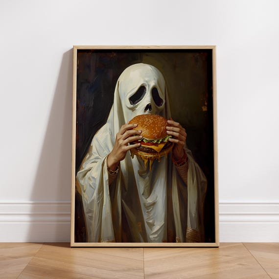 Eating A Burger Print Funny Kitchen Poster Spooky Halloween Painting Gothic Party Decor 84