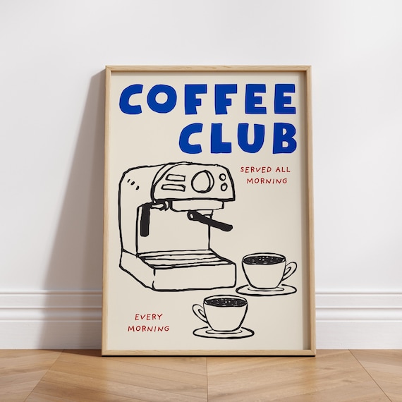 Coffee Club Espresso Machine Cups Hand Drawn Retro Kitchen Wall Poster