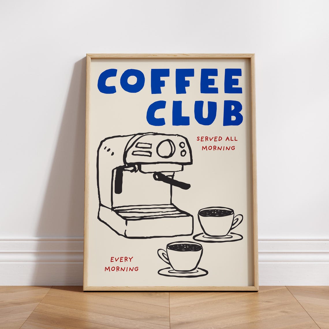 Coffee Club Espresso Machine Cups Hand Drawn Retro Kitchen Wall Poster