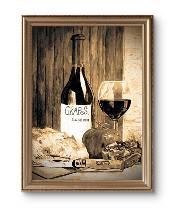 Sepia Wine Still Life Grapes 1876 Bottle Glass Vintage Kitchen Art Print