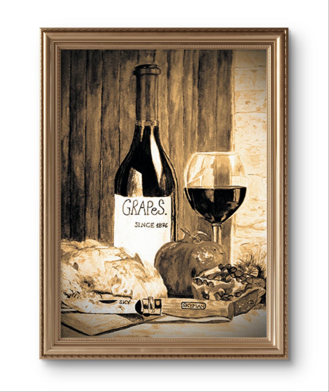 Sepia Wine Still Life Grapes 1876 Bottle Glass Vintage Kitchen Art Print