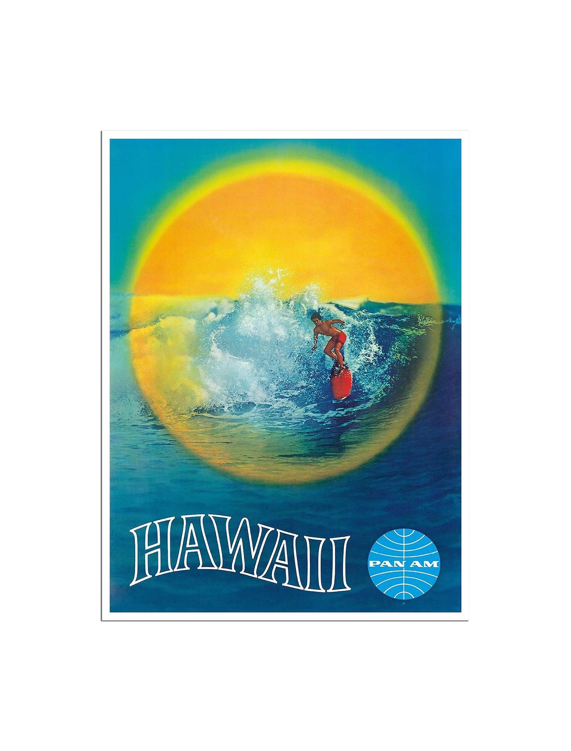Hawaii Pan Am Sunset Surfer Giant Wave Vintage Beach Travel Poster
