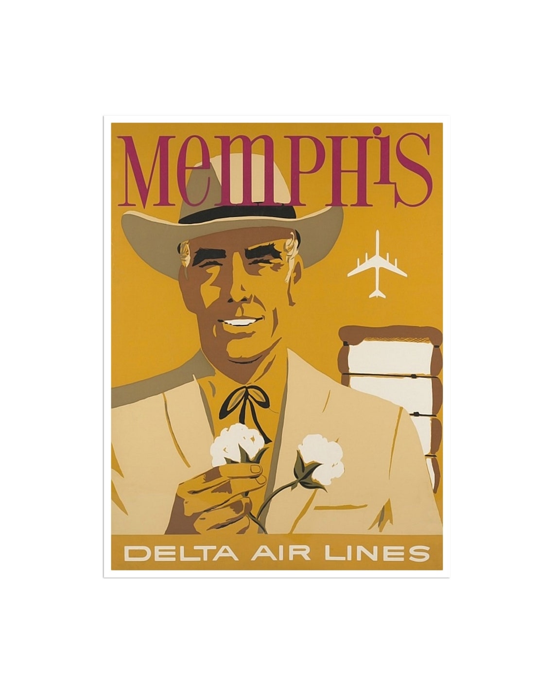 Memphis Tennessee Delta Air Lines Vintage Poster with Cotton