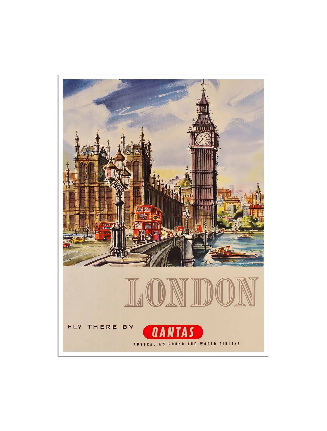 London England Big Ben Bus Bridge Vintage Qantas Airline Poster