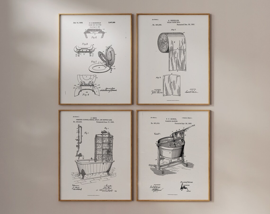 Bathroom Patent Vintage Bathroom Art, Print Set