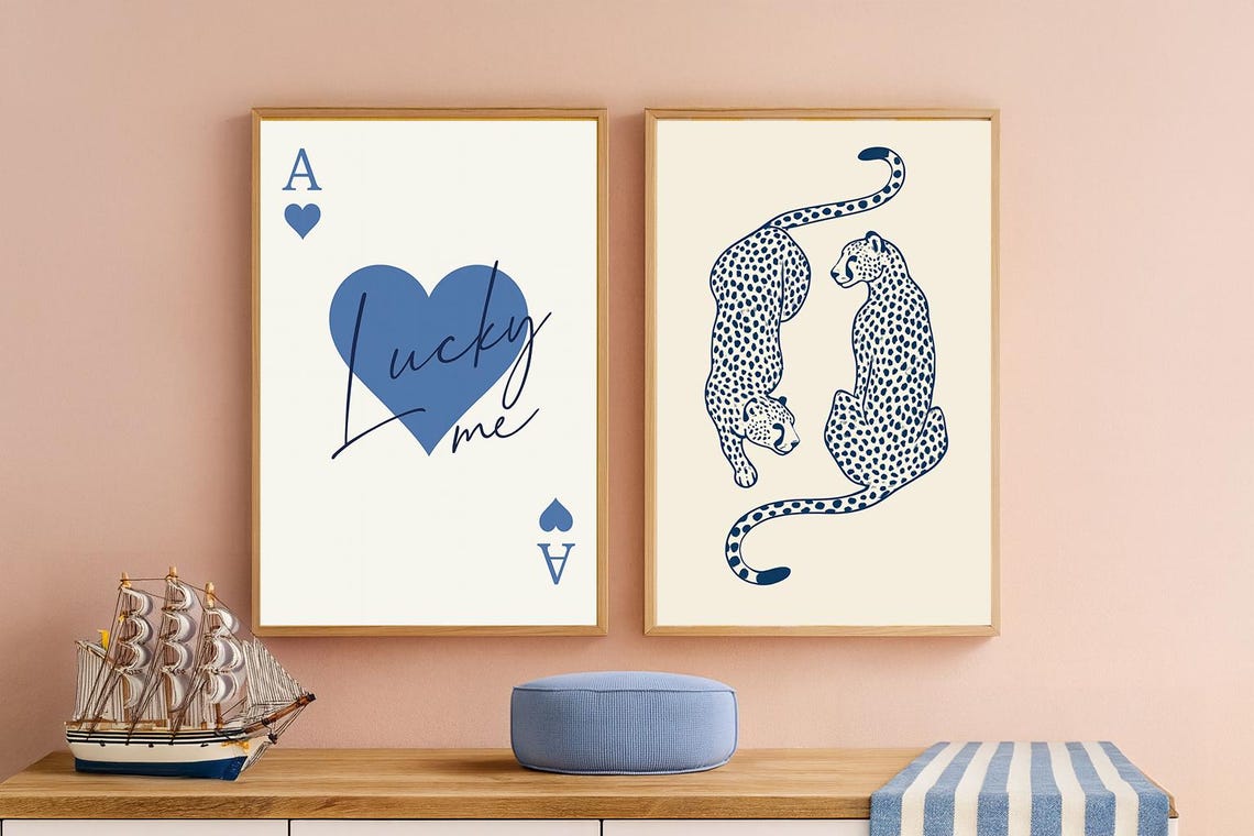 Blue Leopard Print Set Lucky Me Ace Card Minimalist Gallery Wall Art