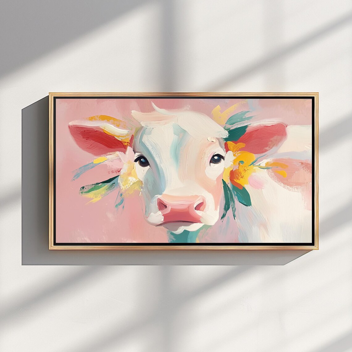 Pastel Pink Cow Portrait Cute Farmhouse Animal Art Frame TV Poster