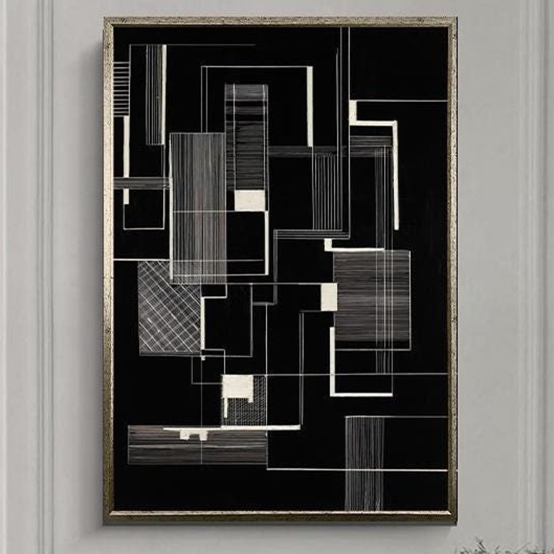 White Architectural Line Drawing on Black Geometric Art Poster