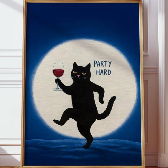 Moon Cat Wine Lover Wall Art Bombay Kitchen Black Decor Funny Print Quirky Bathroom