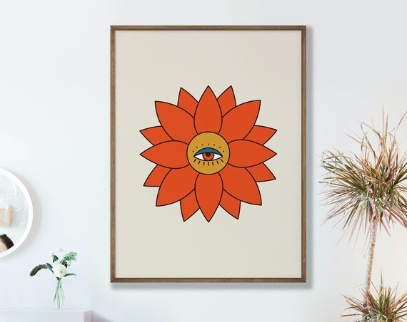 Retro Psychedelic Flower Eye Center Orange 70s Style Art Poster