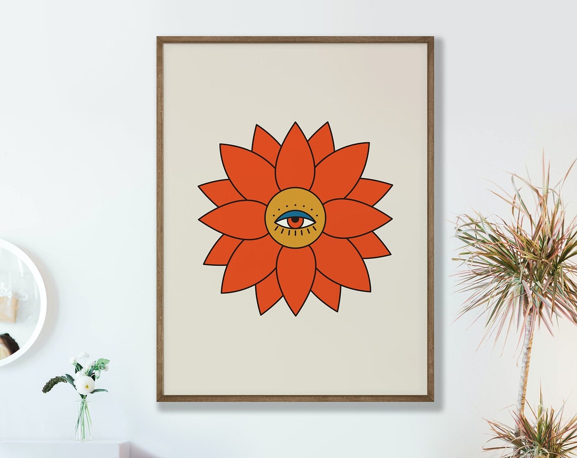 Retro Psychedelic Flower Eye Center Orange 70s Style Art Poster