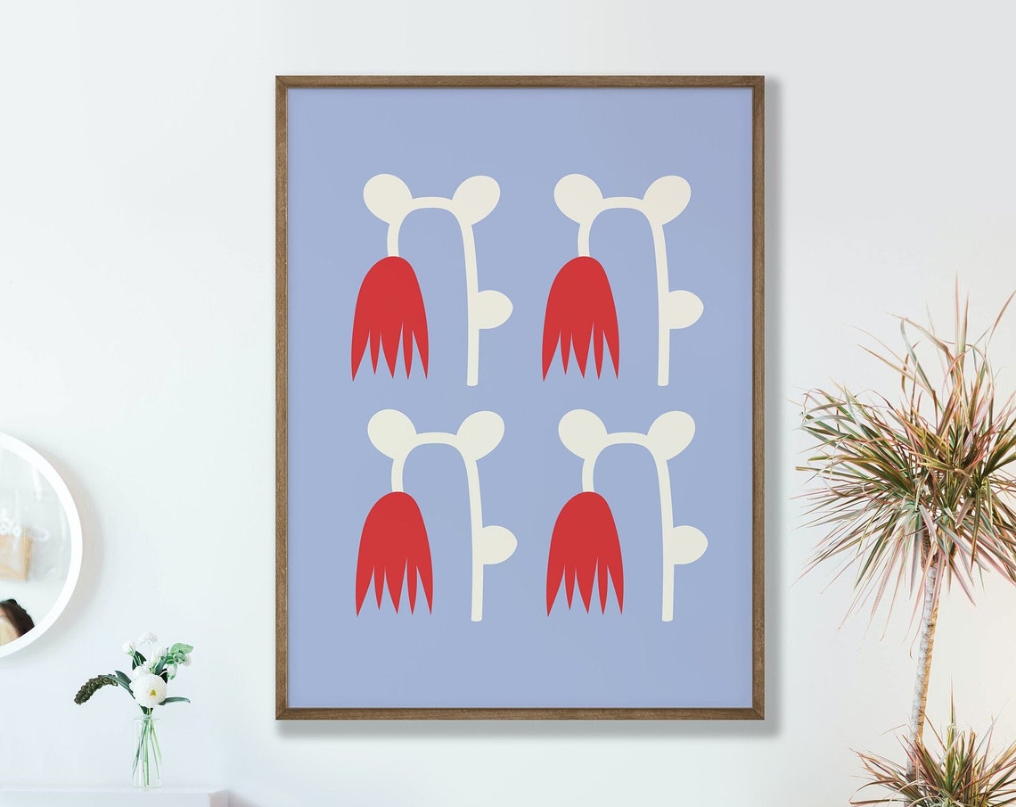Abstract Red Flowers Blue Background Minimalist Modern Art Poster