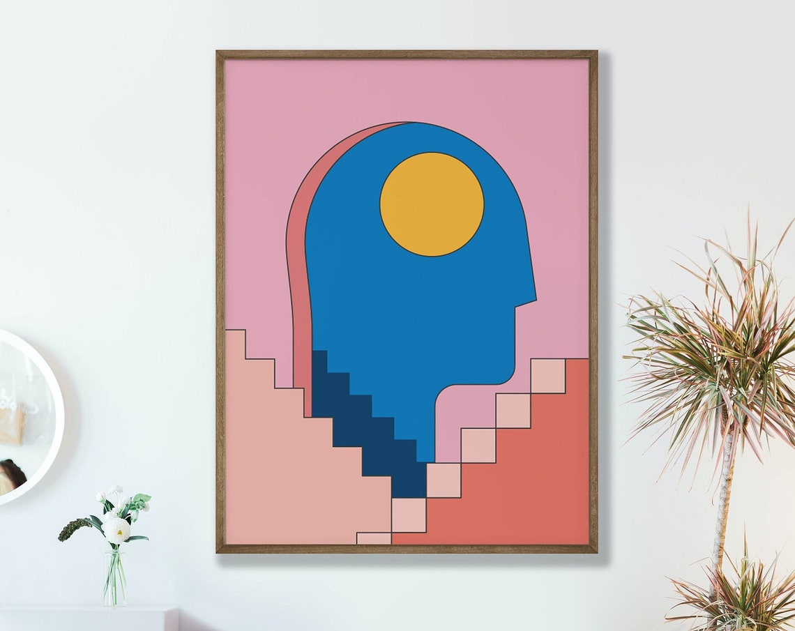 Bold Blue Head Yellow Sun Geometric Pop Art Profile Modern Poster