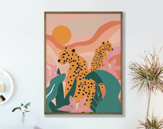 Leopards And Tropical Flowers Poster Abstract Wall Art Colorful Style Leopard With Printed