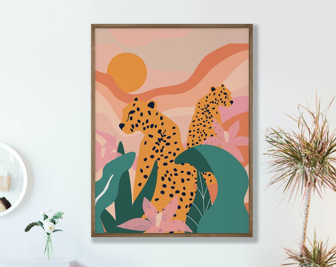 Two Leopards Tropical Leaves Sunset Pink Peach Jungle Art Poster