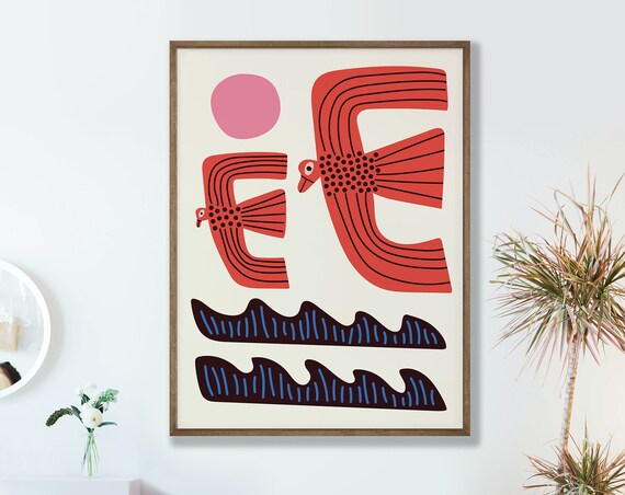Red Birds Poster Abstract Wall Art Colorful Style Nature Printed