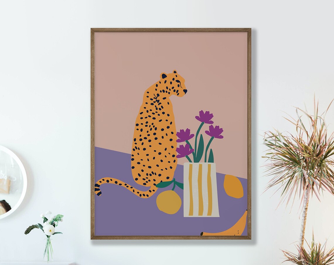 Leopard With Vase Poster Abstract Wall Art Colorful Style Printed