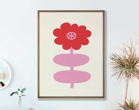 Abstract Red Flower Minimalist Botanical Style Cheerful Wall Art