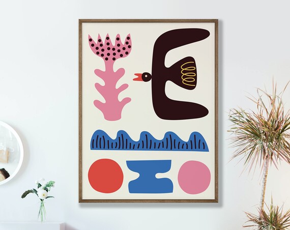 Bird And Shapes Poster Abstract Wall Art Colorful Style Nature Printed