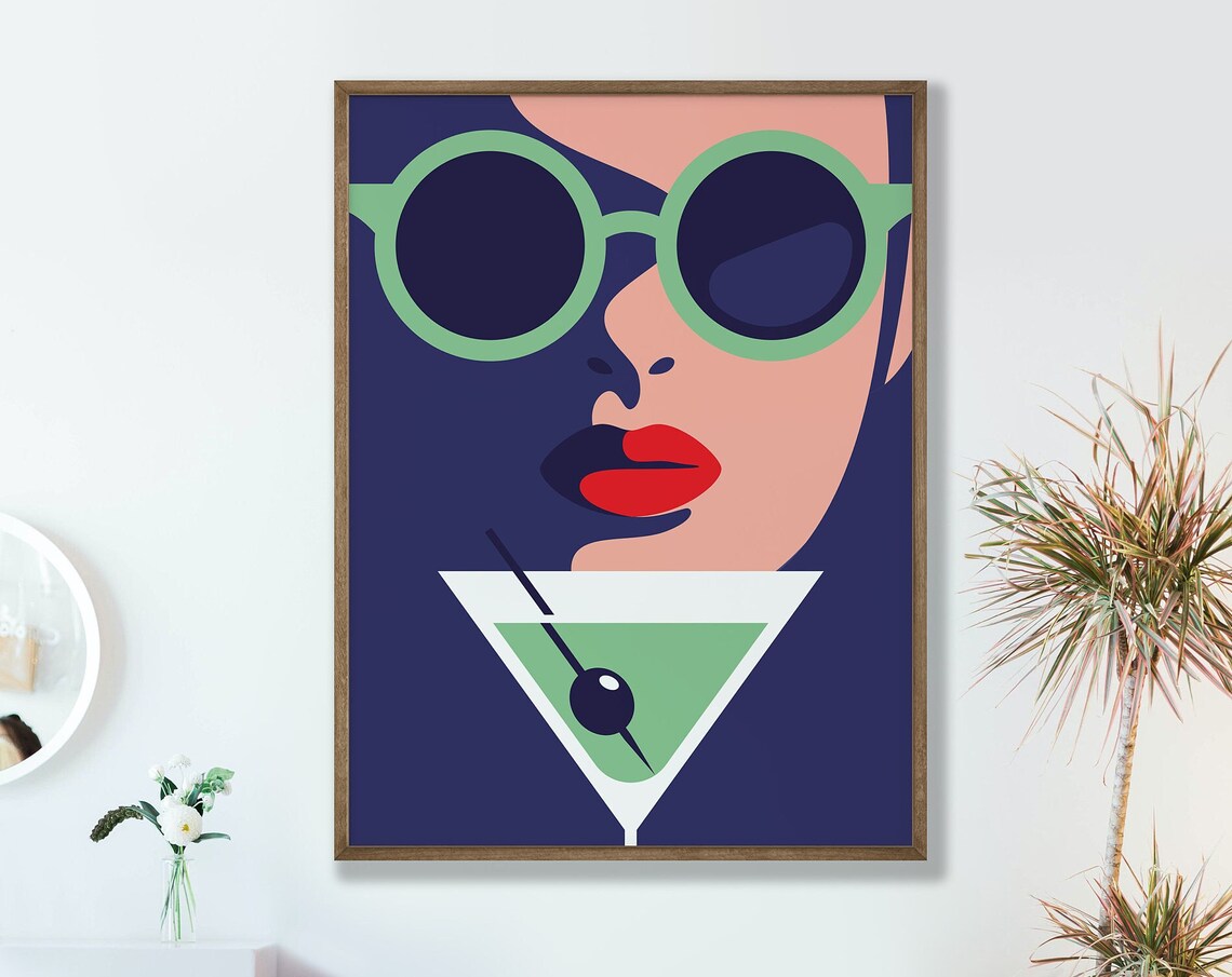 Pop Art Martini Woman Green Sunglasses Red Lips Cocktail Bar Poster