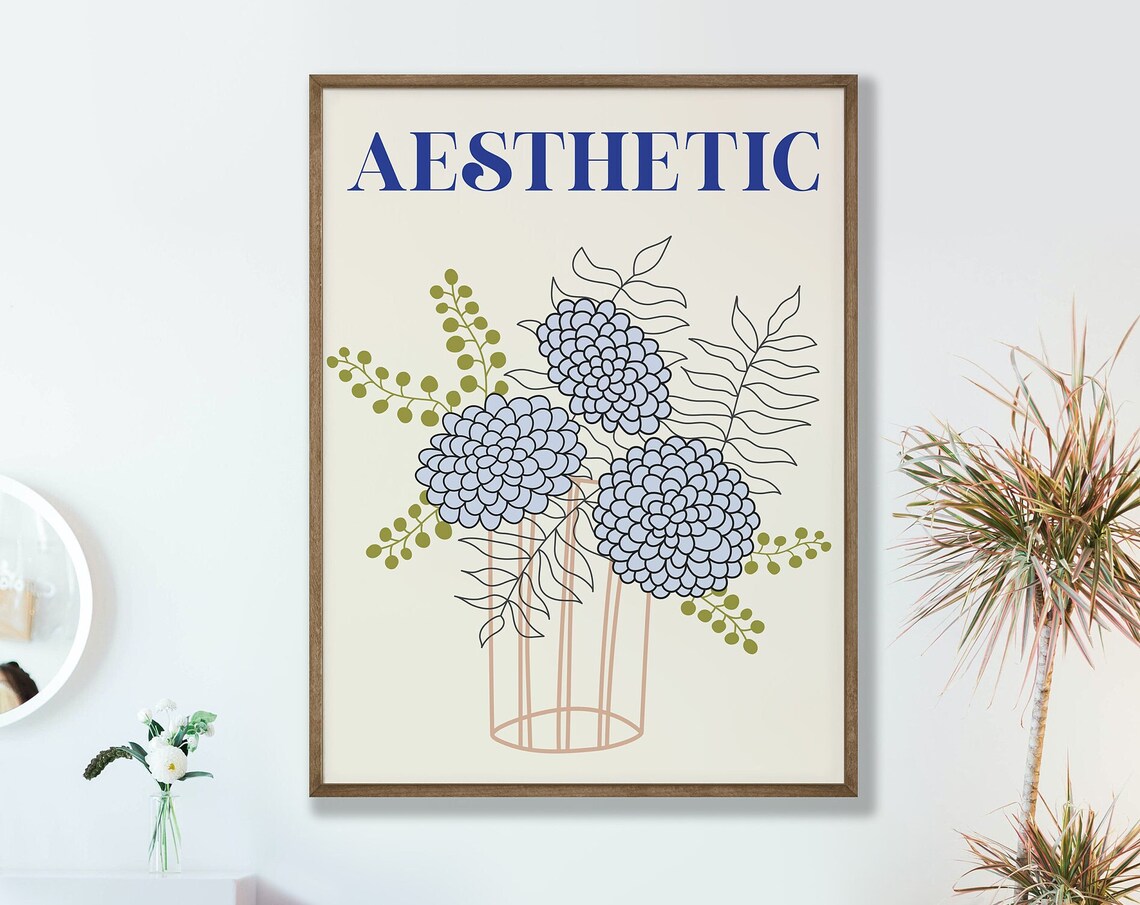 Aesthetic Blue Hydrangea Bouquet Modern Minimal Floral Typography Poster